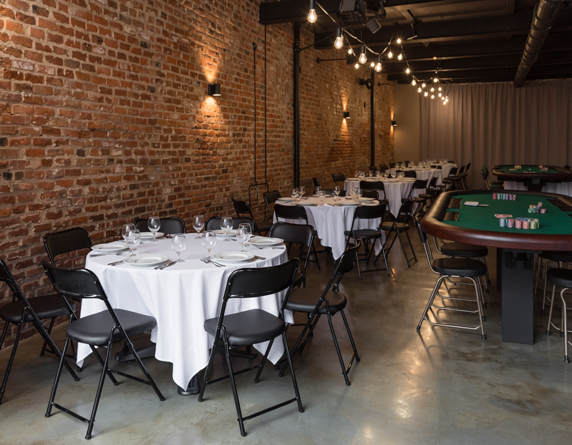 Event venue set with round dining tables beside an exposed brick wall