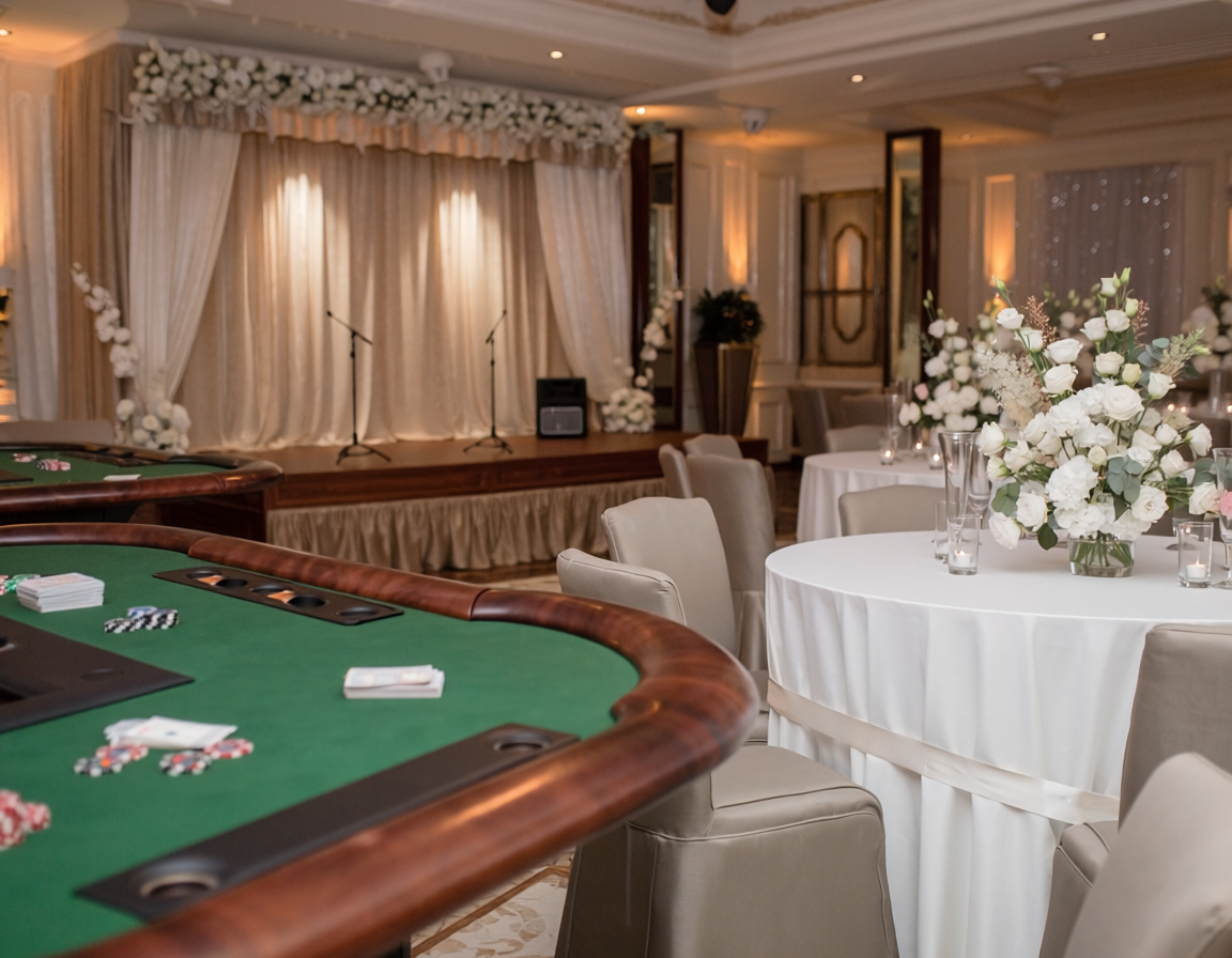 Event hall decorated with white flowers, cocktail tables and a stage