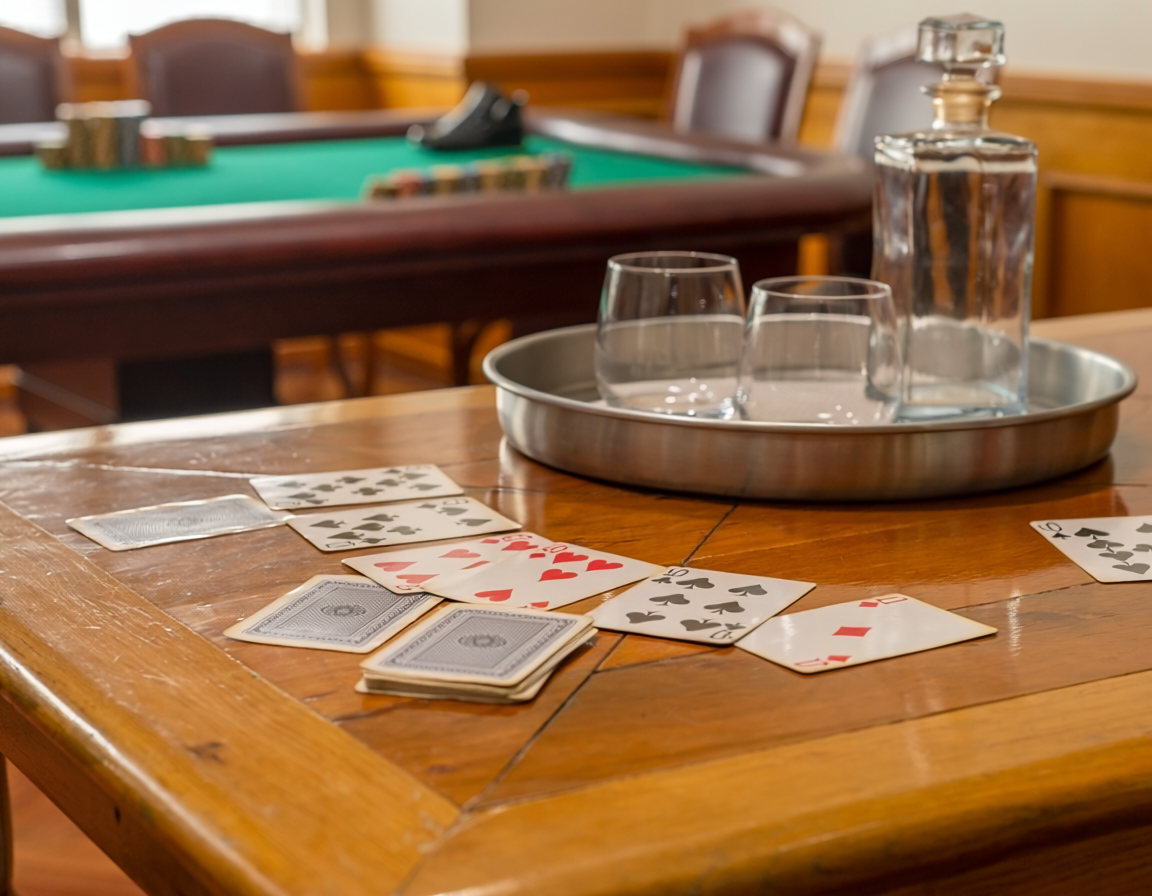 Playing cards laid out on a wooden table with a drinks tray