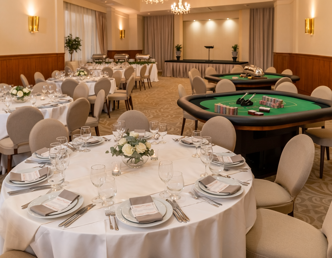 Round tables prepared for guests in a warmly lit function venue