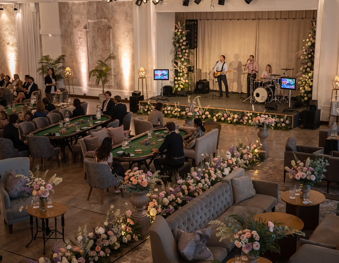 Flower-filled event hall with lounge seating and live music stage