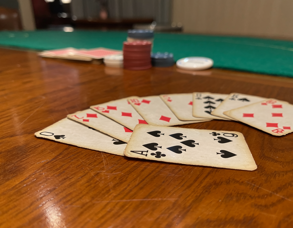Cards from a finished game spread across a wooden table