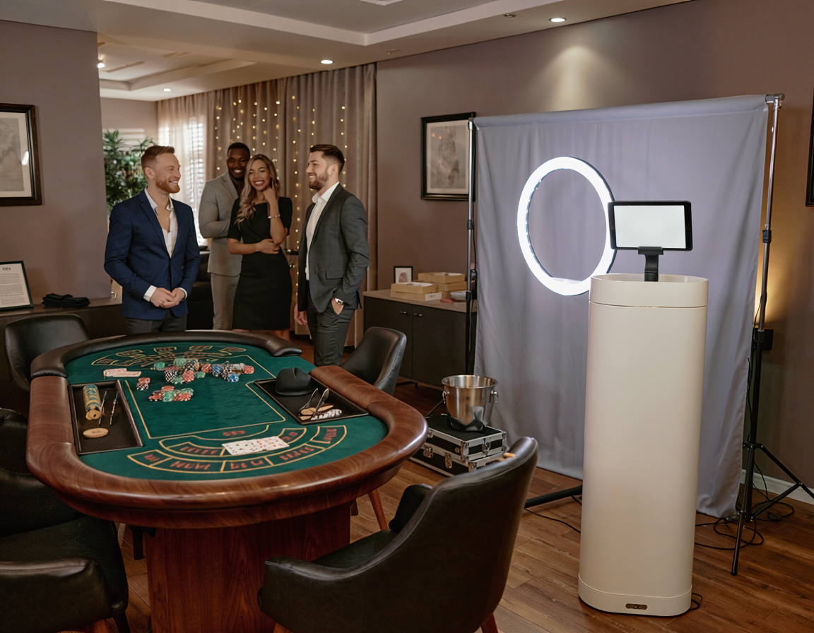 Modern event lounge with green booths and round tables