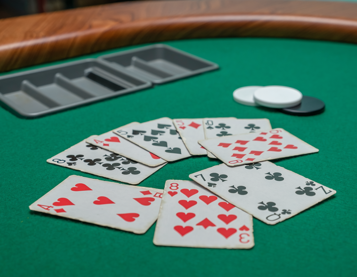 Playing cards spread across a wooden table after a social game