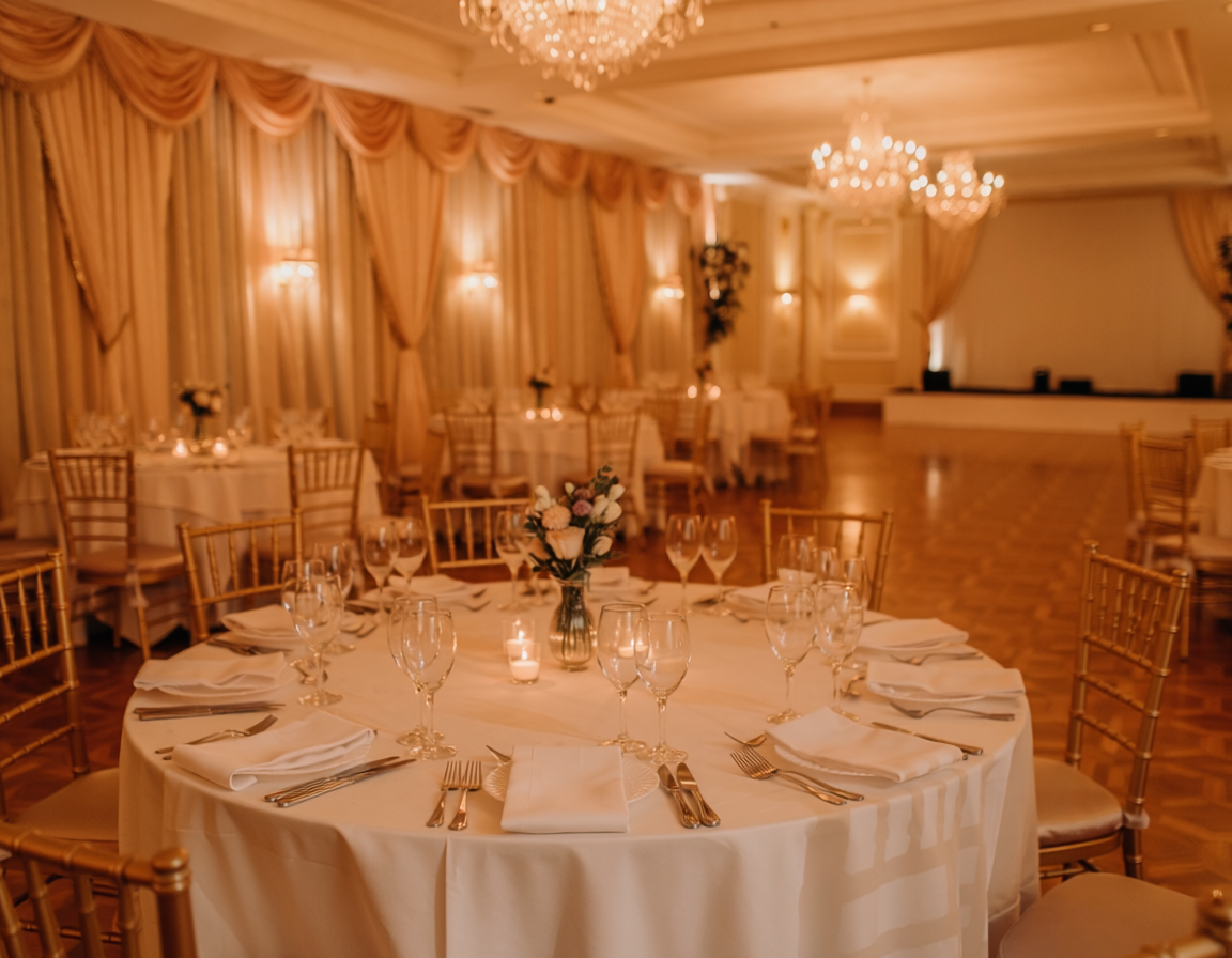 Warmly lit function venue with round tables ready for an evening event