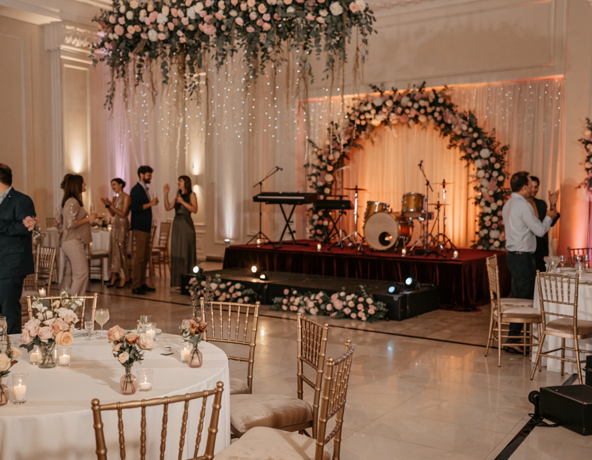 Floral event hall with cocktail seating and a live music stage