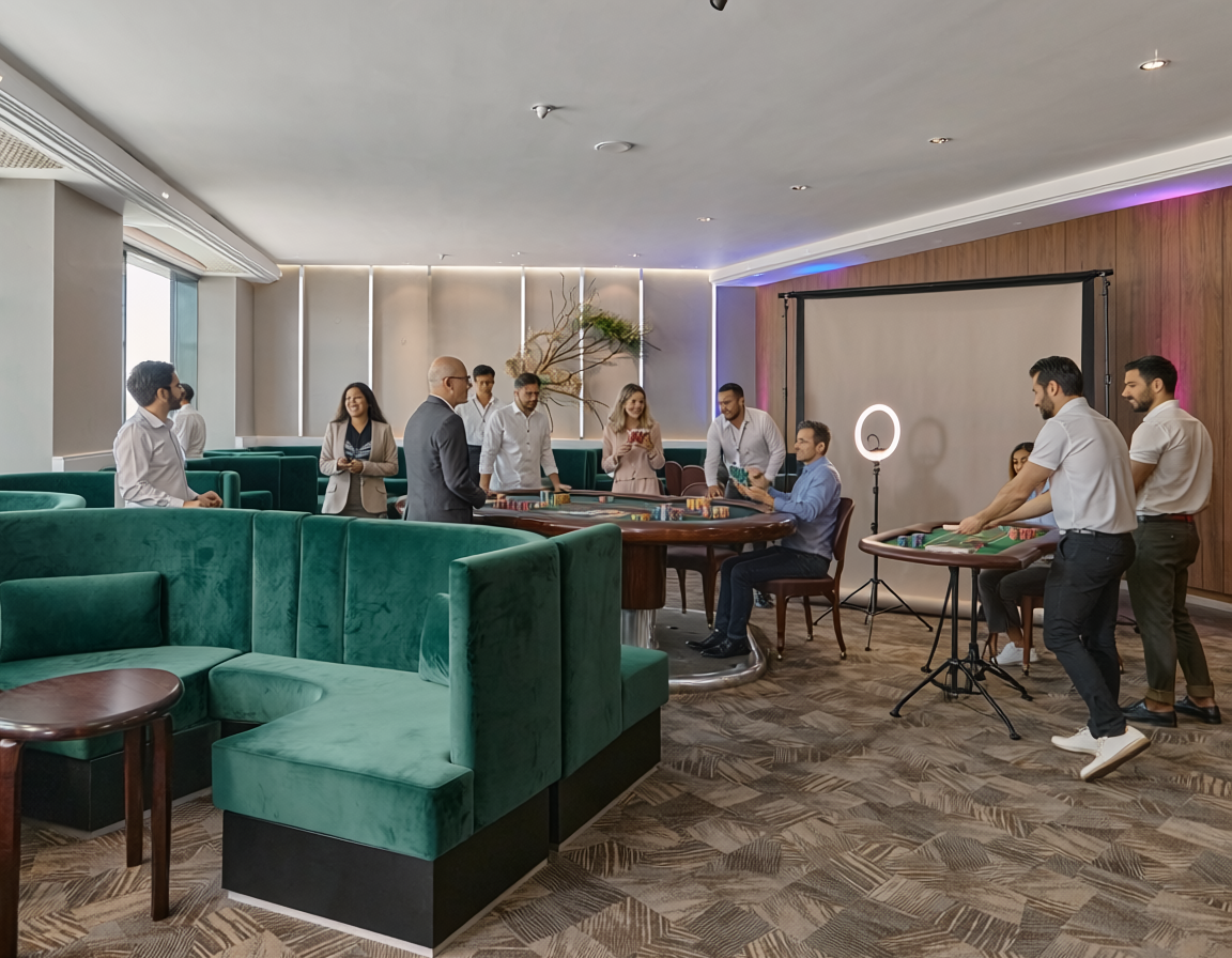 Modern event lounge with green booths and space for a photo station