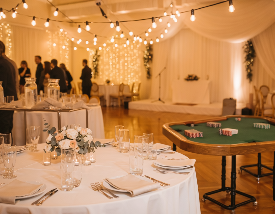 Wedding reception venue set with round tables and warm lighting